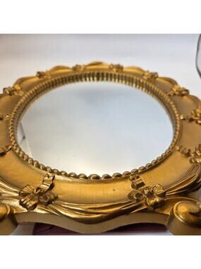 Syroco 1943 Gold Oval Bow Ribbon Vanity Table Mirror USA Wall Hanging VTG MCM